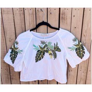 Zara Basics White Crop Green Palm Embroidered Balloon Sleeve Top I Size XS